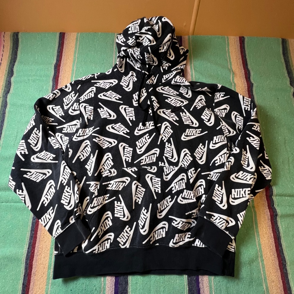 Nike Hoodie Mens XL Black White All Over Print Logo Pullover Fleece Sweatshirt
